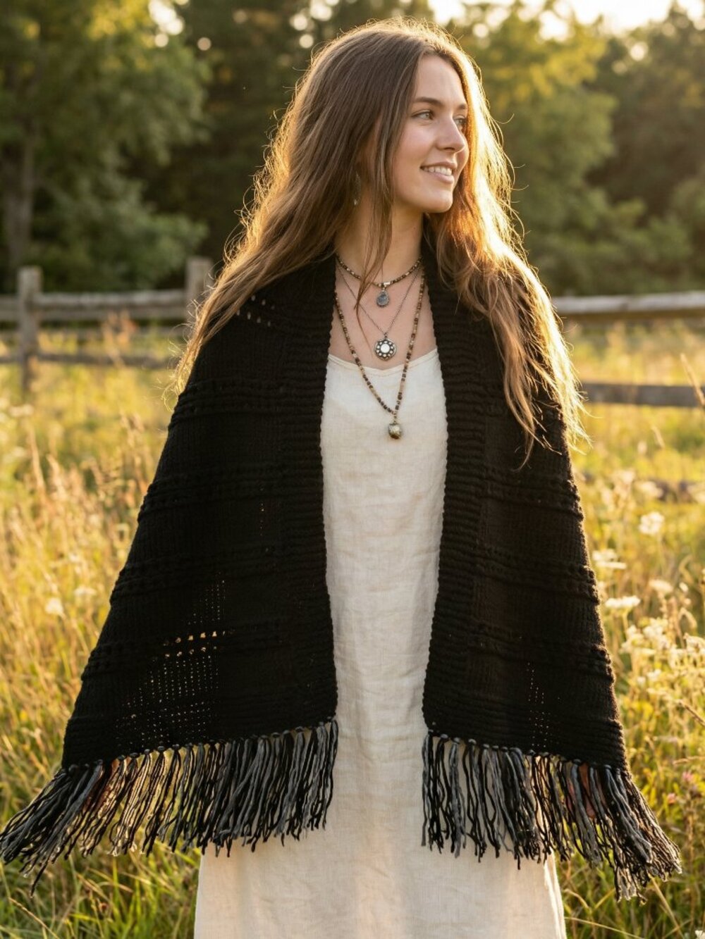 NEW Black Hand Knit Shawl Wrap Scarf Boho Hippie Whimsigoth Indie Festival Artsy